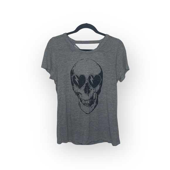 new Chaser ☻︎ Heart Eye Skull Draped Open Cross Back Tee T Shirt ☻ ︎Heather ☻︎ L - Picture 13 of 16